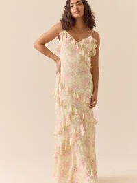 Mynzi Maxi Dress, Floral Ruffle Slip Dress In Pastel Yellow
